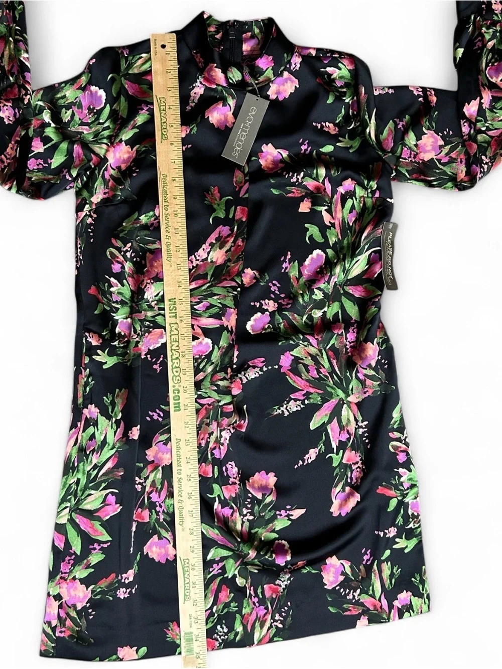 Eva Mendez Black Floral Satin Shift Dress - Pink & Green Blooms Long Sleeves NWT